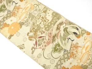 アンティーク　鶴に菊・古典柄模様織り出し丸帯（材料）